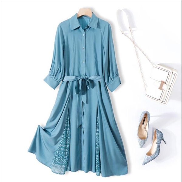 

casual dresses elegant party dress long sleeve 2021 solid color female fashion lace stitching up midi, Black;gray