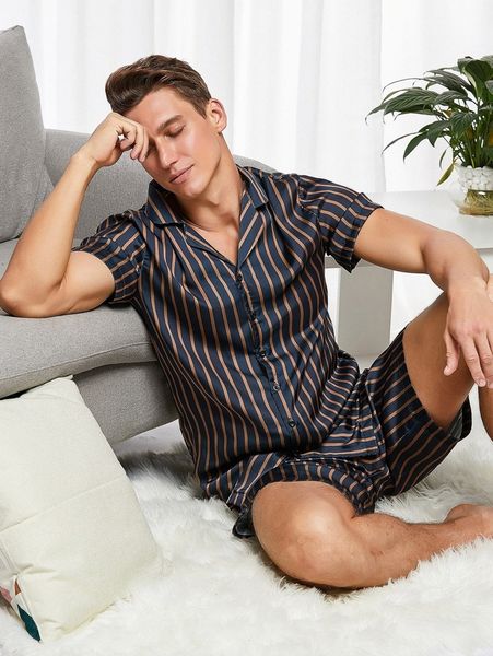 

men lapel neck striped shirt & shorts pj set x5kn#, Black;brown