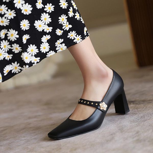

women's shoes with straps casual heels square toe shallow mouth pumps rivets sandals ladies sweet work dress professiona, Black