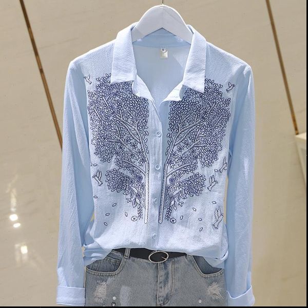 

spring autumn fashion casual lapel womens blouses long sleeve floral embroidered work tunic blouse blusas k143, White