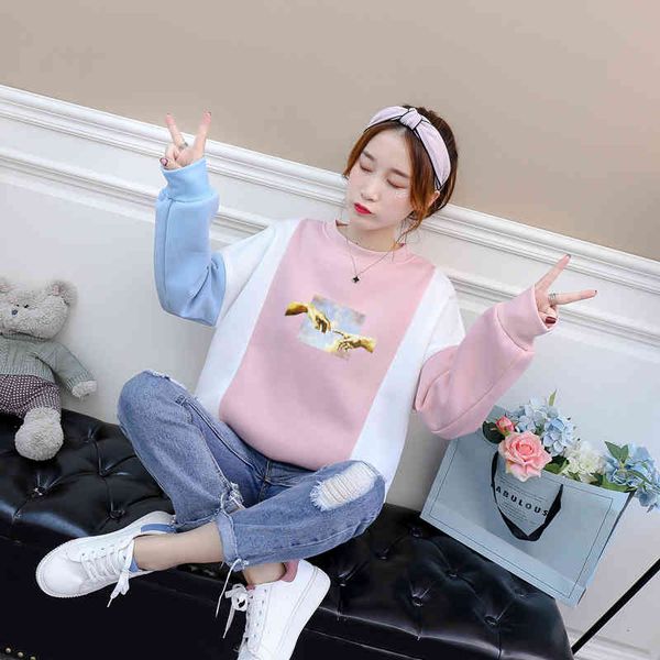 

women hoodie women's kawaii harajuku fleece spell color spliced crewneck crative hand of god print y2k female sweatshirt clothing, Black