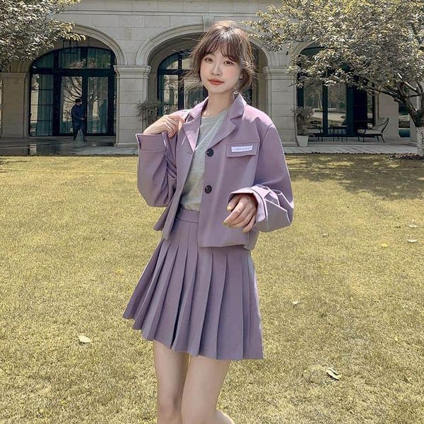 

two piece dress ricaqico 2021 spring and autumn suit pleated skirt set fashion korean two-piece button simplicity, White