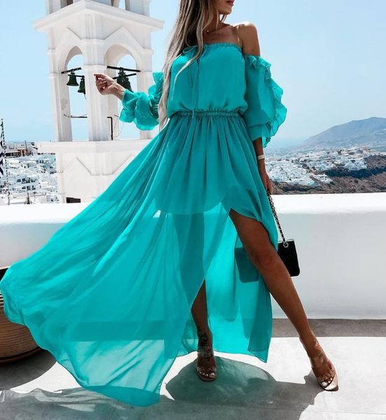

casual dresses 2021 women spring autumn solid color long dress 3/4 sleeve off-shoulder side split elastic waist with ruffles, Black;gray