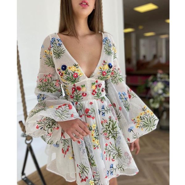 

casual dresses lugentolo dress women mesh embroidered lantern sleeves deep v neck summer fashion womens mini, Black;gray