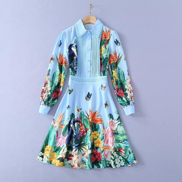 

european and american women's clothing 2021 spring long sleeved butterfly parrot print fashion blue dress casual dresses, Black;gray