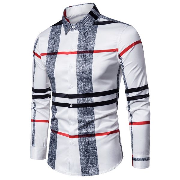 

2021 business casual plaid shirt men's formal workwear wedding dress slim social party clothes khaki checked shirt, White;black