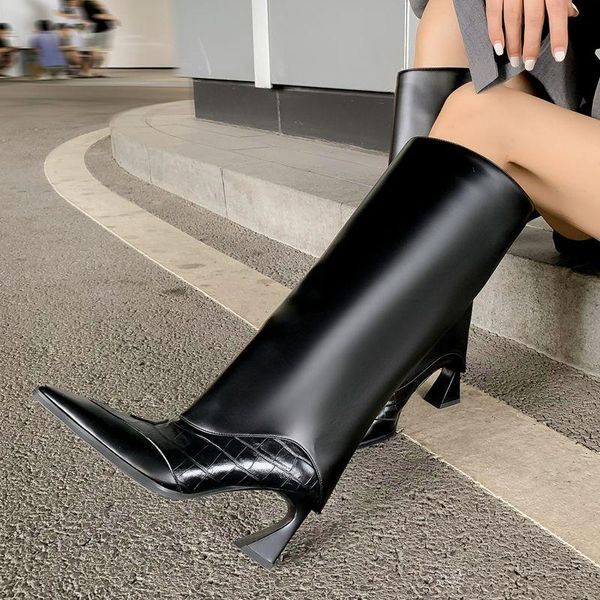 

boots black patent leather knee-high women rhinestone fringed pointed toe high heels shoes winter botas de mujer