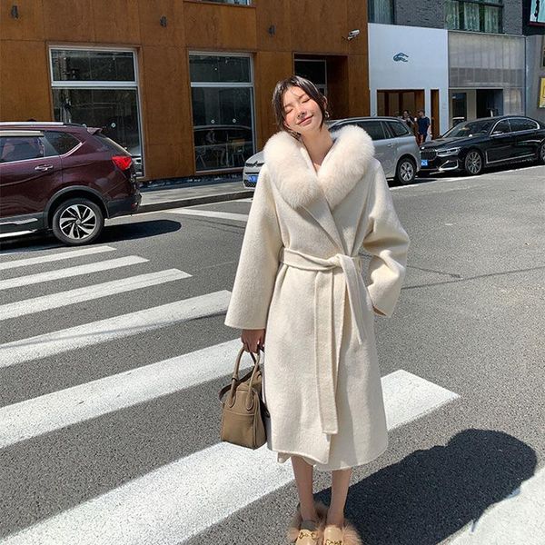 

women's wool & blends 2021 autumn winter fur collar elegant solid long woolen coats female sashe thick warm korean fashion outerwears l, Black