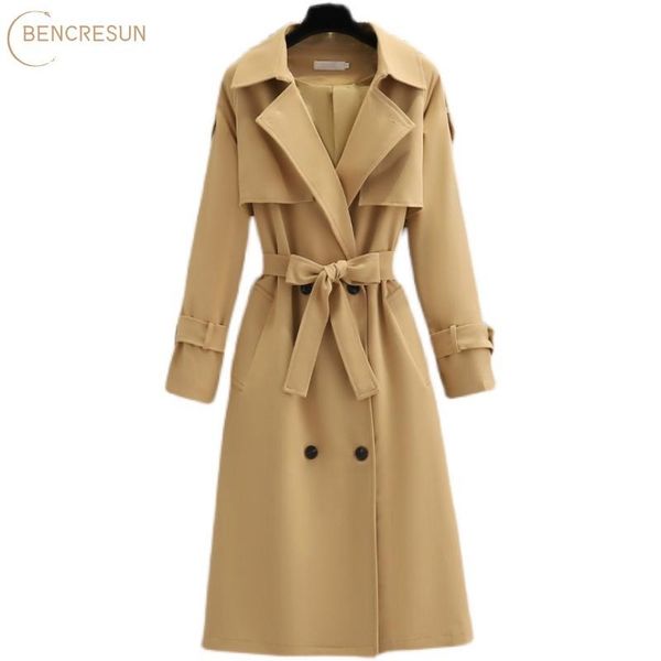 

women's trench coats england style women autumn winter khaki adjustable waist sashes double breasted pocket coat female midi windbreake, Tan;black