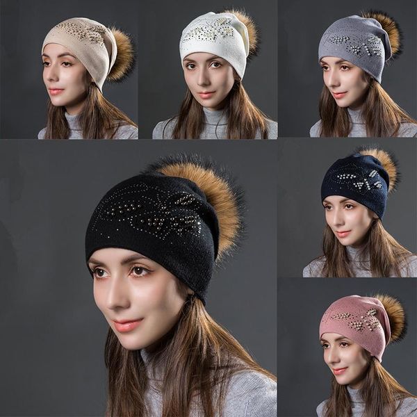 

beanie/skull caps cashmere slouchy beanie hat with rhinestone and pearl chunky baggy raccoon fur pom winter soft warm cap for women, Blue;gray