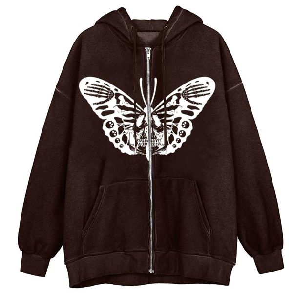

women's hoodies & sweatshirts womens skeleton butterfly zip up rhinestone graphic oversized brown pullovers sweatshirt goth jacket pock, Black