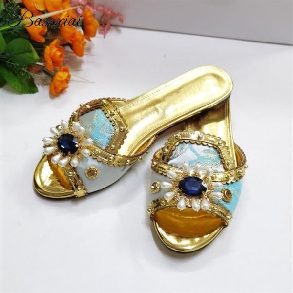 

luxury beading pearl flower buckle women slippers diamond embroidery satin open toe flat heel lazyman outwear mules for girls, Black
