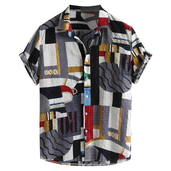 

men's casual shirts summer men variety printed hawaiian shirt male rolled up short sleeve loose geometric pattern linen, White;black