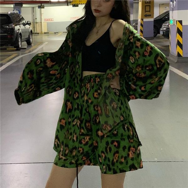 

two piece dress fashion women pieces set long sleeves thin leopard printing blouse with shorts loose design girls, White