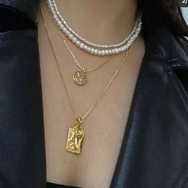 

pendant necklaces gold plated 316l stainless steel rectangle face neckalce for women vintage french female choker jewelry, Silver