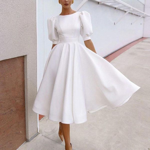 

casual dresses women's o-neck puff sleeves backless swing dress a-line evening party white elegant long vestidos robe femme, Black;gray