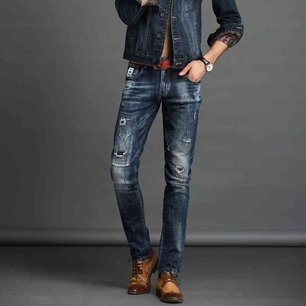 

2021 men's slim fit solid destroy wash mid-waist male new arrival long denim jeans casual straight pants, Blue