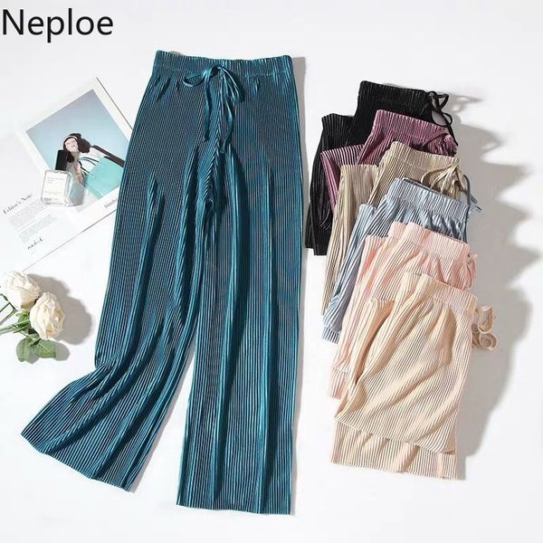 

chiffon pants women solid fashion drawstring stretch waist ladies trousers spring casual wide leg femme 1b505 210430, Black;white