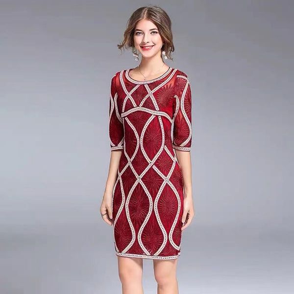 

casual dresses autumn generous women seven-minute sleeves flower embroidered tulle dress mesh elegant party 40-60years, Black;gray