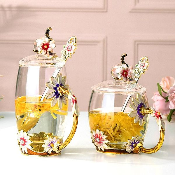 

heat resistant enamel colorful glass cup with lid spoon beer coffee water cups transparent drink dessert milk for gift wine glasses