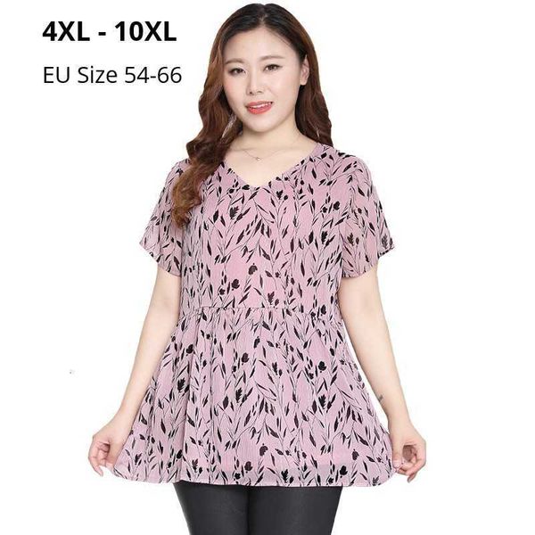 

women's blouses & shirts blouses plus size 10xl 9xl 4xl women short sleeves summer floral print pink chiffon clothes ladies casual for, White