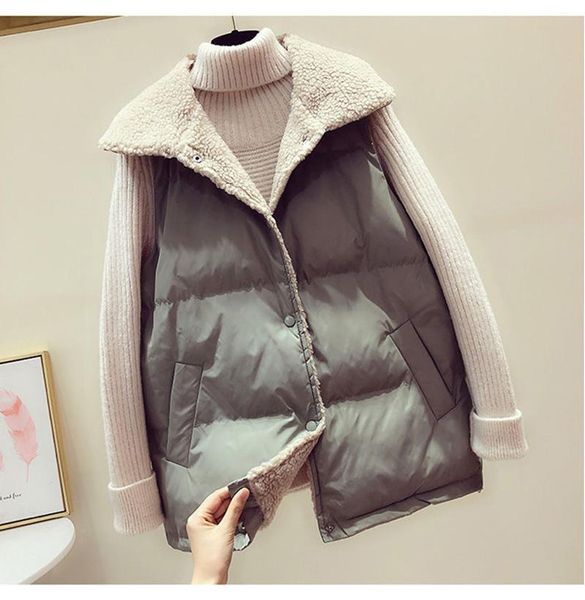 

women's vests lamb fur down cotton vest coat female 2021 winter loose sleeveless outwear plus size waistcoat jacket, Black;white