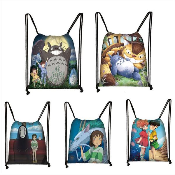 

anime totoro ponyo spirited away drawstring bag women fashion canvas backpack girls storage bags ladies shopping