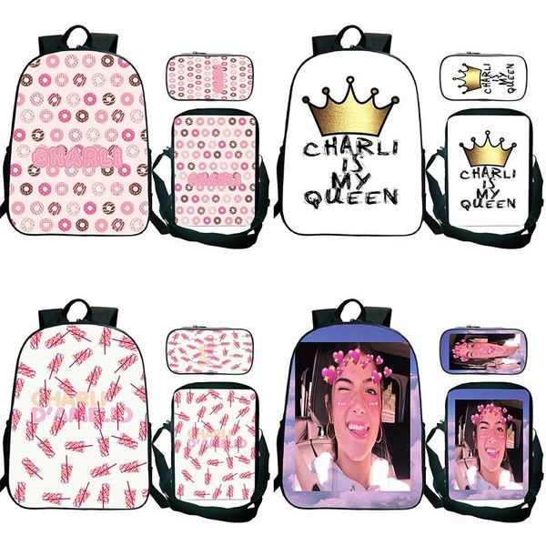 

backpack charli damelio 3pcs/set knapsack students rucksack student schoolbag girls boys fashion high-quality travel bags