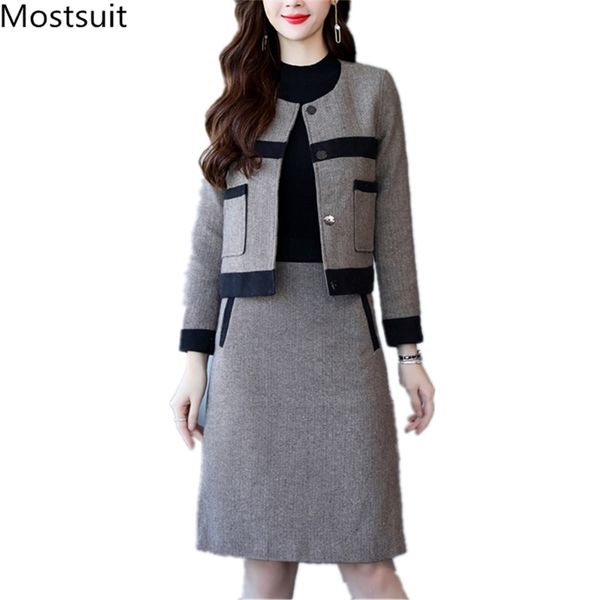 

elegant ladies two piece sets outfits women plus size short coat and skirt suits autumn winter office vintage matching 210513, White