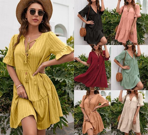 

party dresses women summer dress loose casual half sleeves mid-length v-neck tassels buttons ruffles stitched high waist, White;black