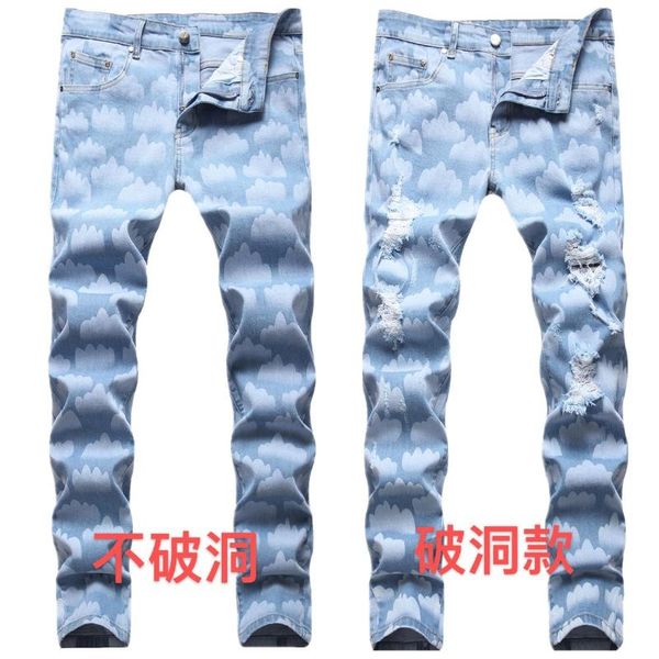 

men's jeans 2021 printed stretch slim straight light blue sky white clouds