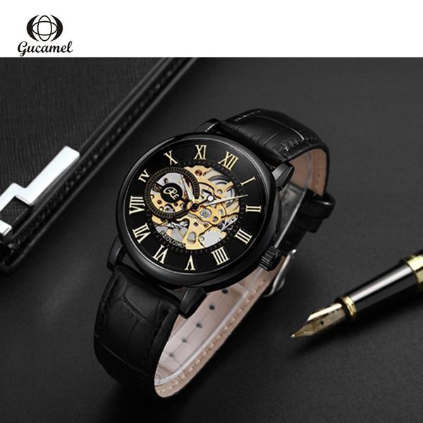 

wristwatches watch men automatic mechanical gucamel brand leather strap waterproof luxury business men`s clock g072-l, Slivery;brown