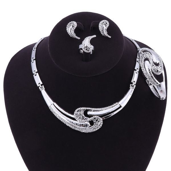 

women jewelry sets silver color statement laser engraving necklace earring african beads crystal wedding party accessories, Black