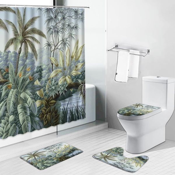 

shower curtains green plants leaves non-slip bath mats palm tree tropical jungle bathroom decor carpet toilet lid cover rug set