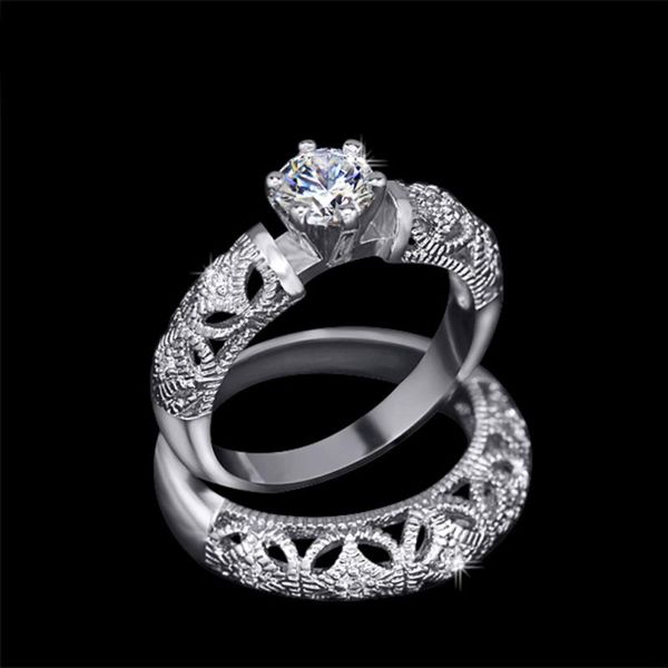 

wedding rings silver plated hollow big cz double engagement couple lovers anti-allergy jewelry for women & men, Slivery;golden