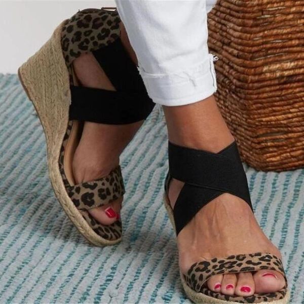 

sandals women's rope woven platform fashion leopard print zipper bag root wedges casual shoes 2021, Black