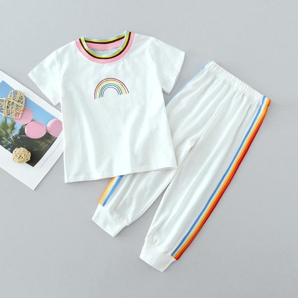 

fashion kids girls sports two pieces suit rainbow print short sleeve and pants outfits summer set 18m-6y clothing sets, White