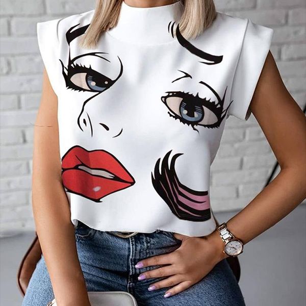 

women's t-shirt elegant lip print summer 2021 short pure color ladies fashion office casual stand collar pullover eyes blusa, White