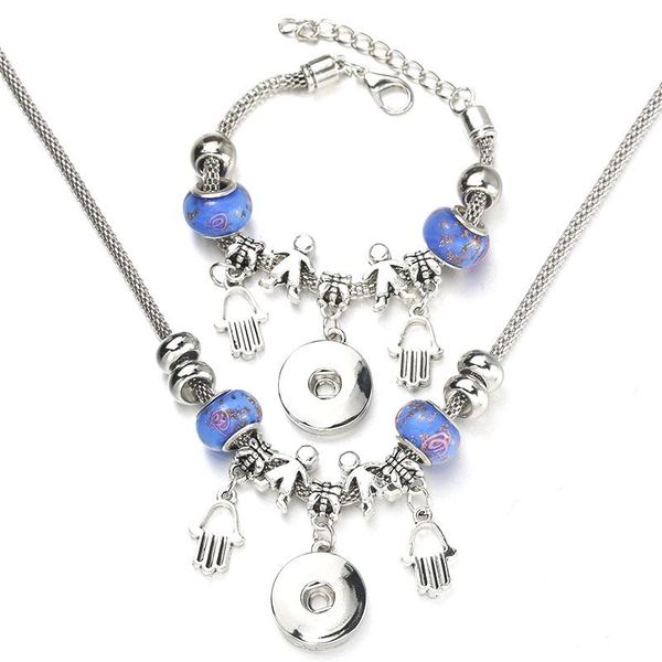 

earrings & necklace 6 colors snap button hand of fatima bracelet set bead pendant hollow chain beaded fit 18mm fine jewelry, Silver