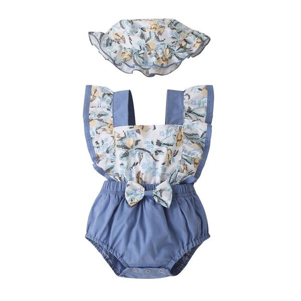 

rompers pudcoco infant 2pcs baby girls summer outfits, ruffle sleeves cartoon print bowknot romper with hat set 2021 style, Blue