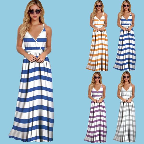 

2021 backless v-neck horizontal stripe printed elastic waist strap skirt, White