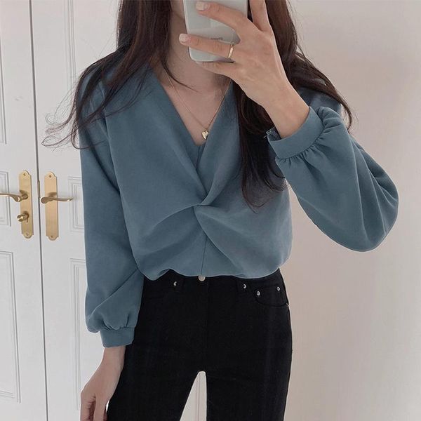 

women's blouses & shirts elegant solid chic kink design women autumn 2021 fashion tide blusas mujer aesthetic v neck long sleeve, White