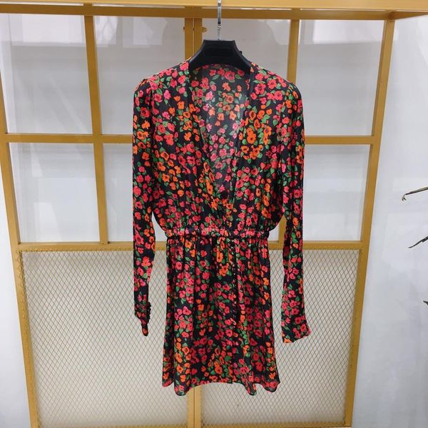 

dress 100% women red print long sleeve v-neck romantic temperament silk mini nmug, Black;gray