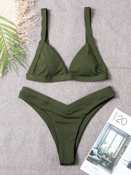 

rib triangle high cut bikini swimsuit 27yo#, White;black