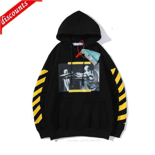 

off men's hoodies sweatshirts tide oil painting skull plush high street long sleeve coat white sweaters, Black