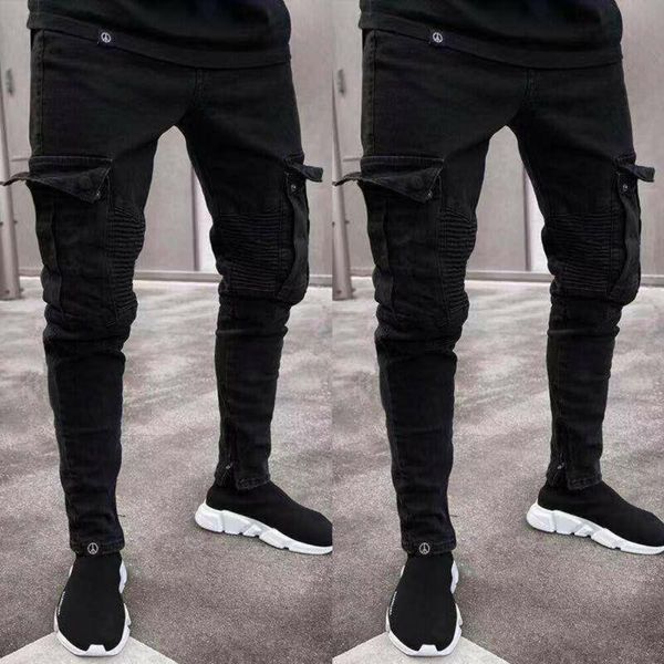

men's jeans men's jeans men denim skinny biker destroyed frayed slim fit pocket cargo pants ripped distressed hole hip hop, Blue