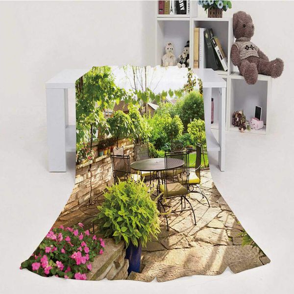 

landscaped back yard patio garden with potted plants,house flannel throw microfiber blanket furniture