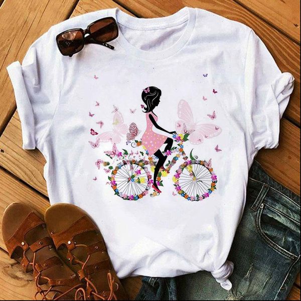 

summer women t shirt butterfly bike girl print tee harajuku cartoon 90s girls female cute, White