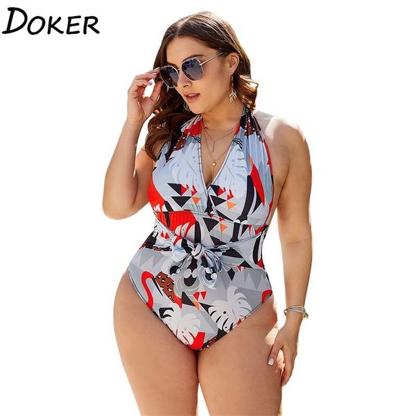 

printed one-piece plus size swimwear halter cross straps cover belly femme swimsuit seaside beach high waist bikini 210423, White;black