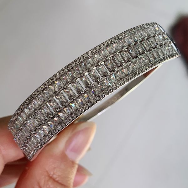 

three rows princess cut white clear z shinning jewelry 925 sterling silver circle bangle cz diamond gemstones lucky women bracelet gift, Black